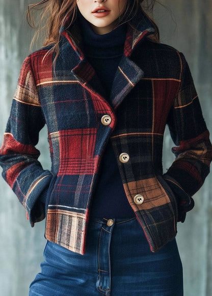 Stand Collar Pockets Button Plaid Woolen Coats Fall