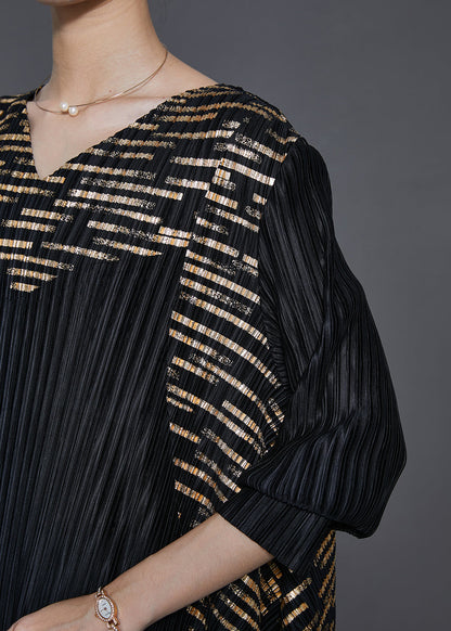 Black Oversized Print Wrinkled Silk Holiday Dresses Spring