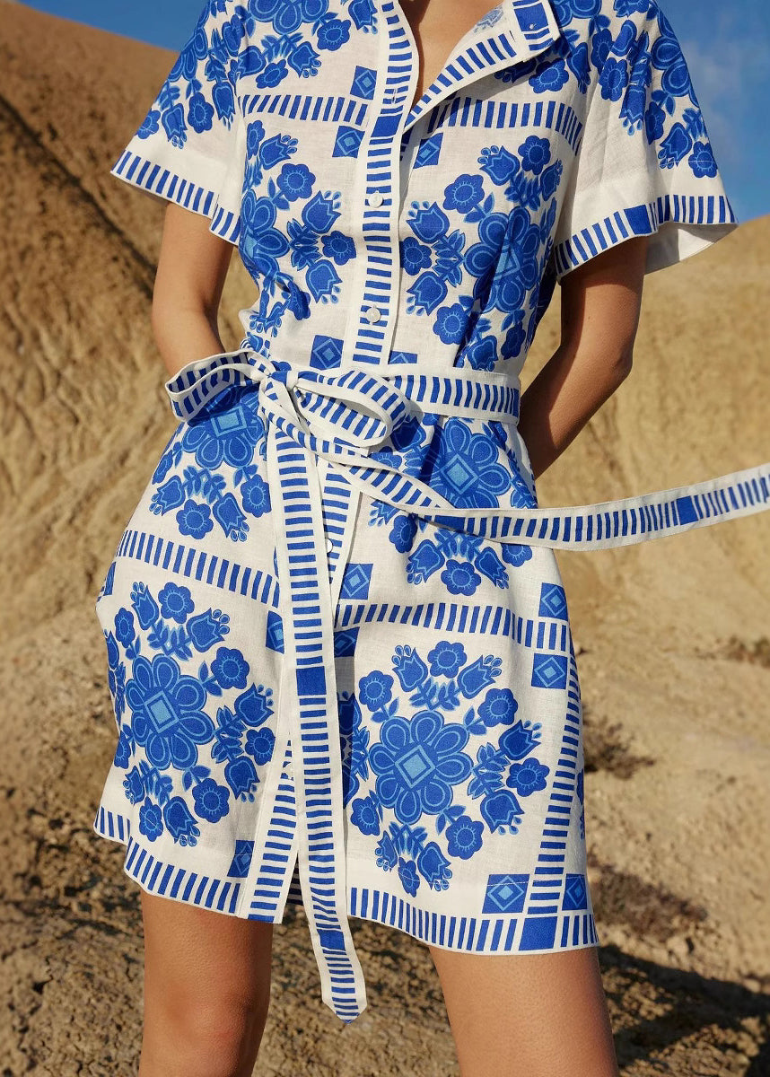 Blue Stand Collar Print Lace Up Cotton Mid Dress Summer