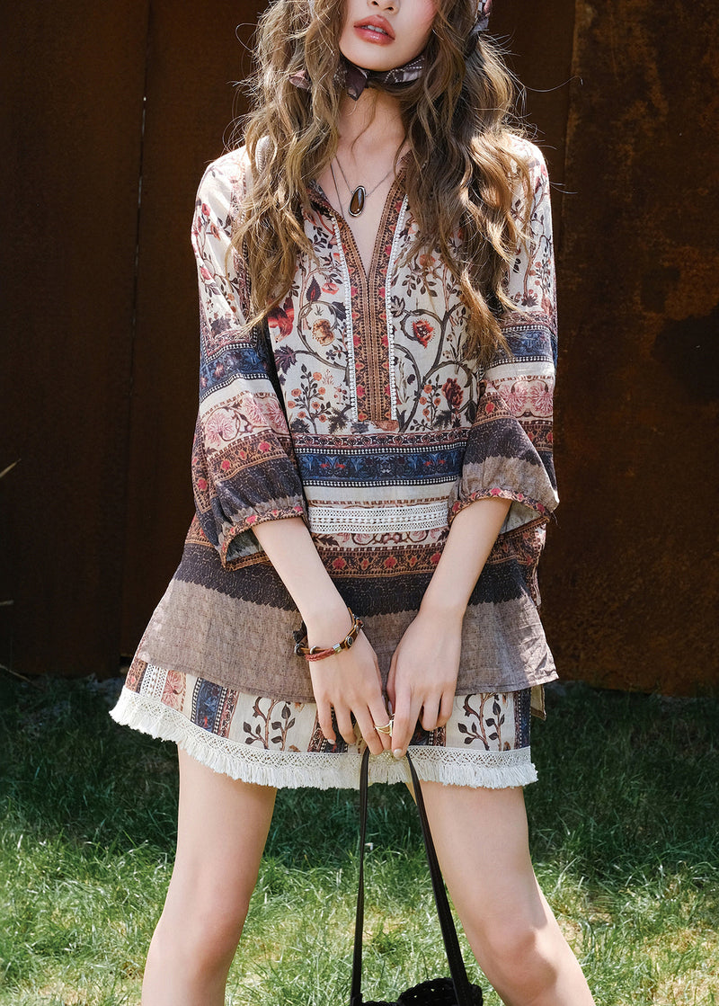 New Print Tops and Shorts Patchwork Cotton Two Pieces Set Bracelet Sleeve