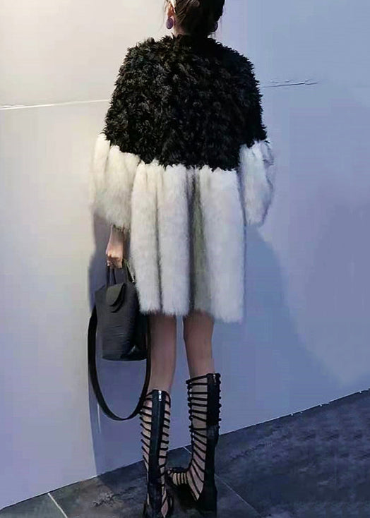 Black V Neck Teddy Faux Fur Patchwork Wool Coats Spring