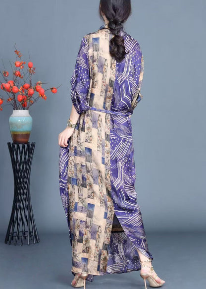 Blue Print Side Open Tie Waist Silk Long Dress Fall