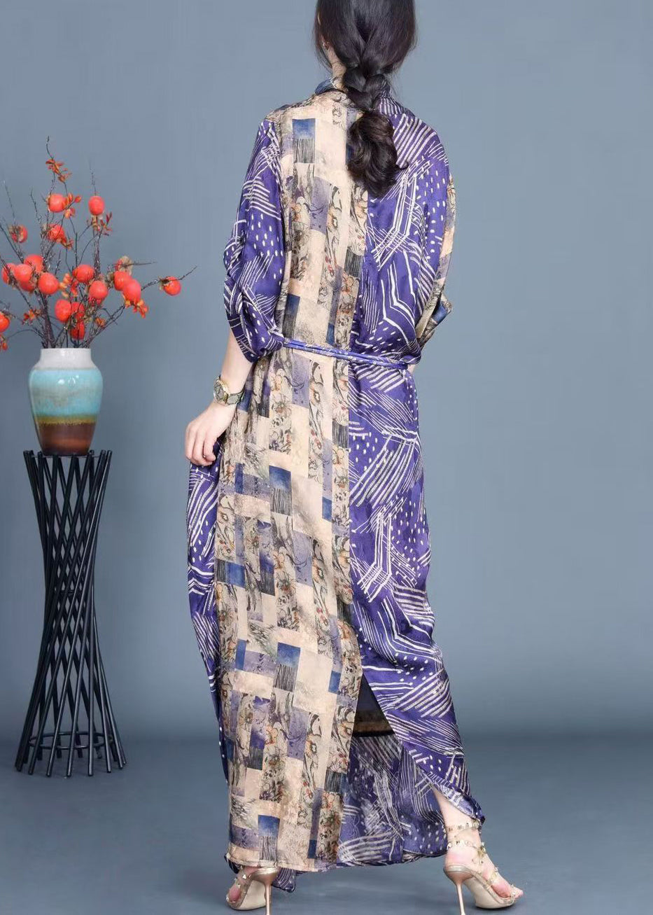 Blue Print Side Open Tie Waist Silk Long Dress Fall