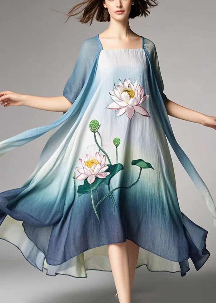 Gradient Color Lotus Print Cotton a Line Dress Summer
