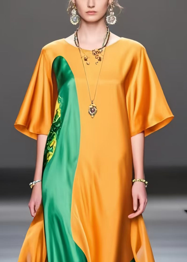 Orange Oversized Patchwork Silk Long Dress Summer