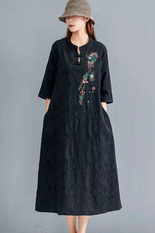 -summer Cotton Linen Embroidered Dress Button Loose Dress