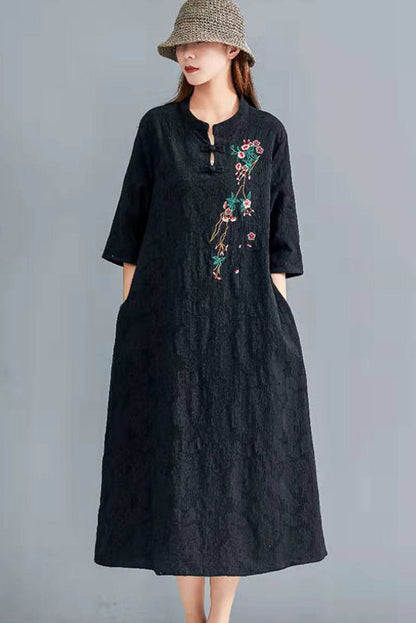 -summer Cotton Linen Embroidered Dress Button Loose Dress