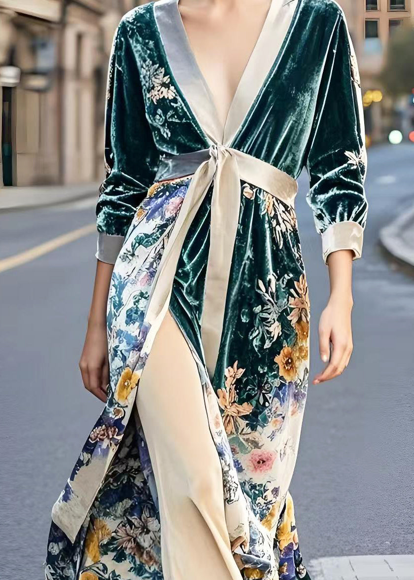 Peacock Green Cinched Print Side Open Silk Velvet Dresses Spring