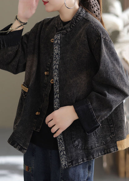 Black Oversized Pockets Patchwork Cotton Denim Coats Fall