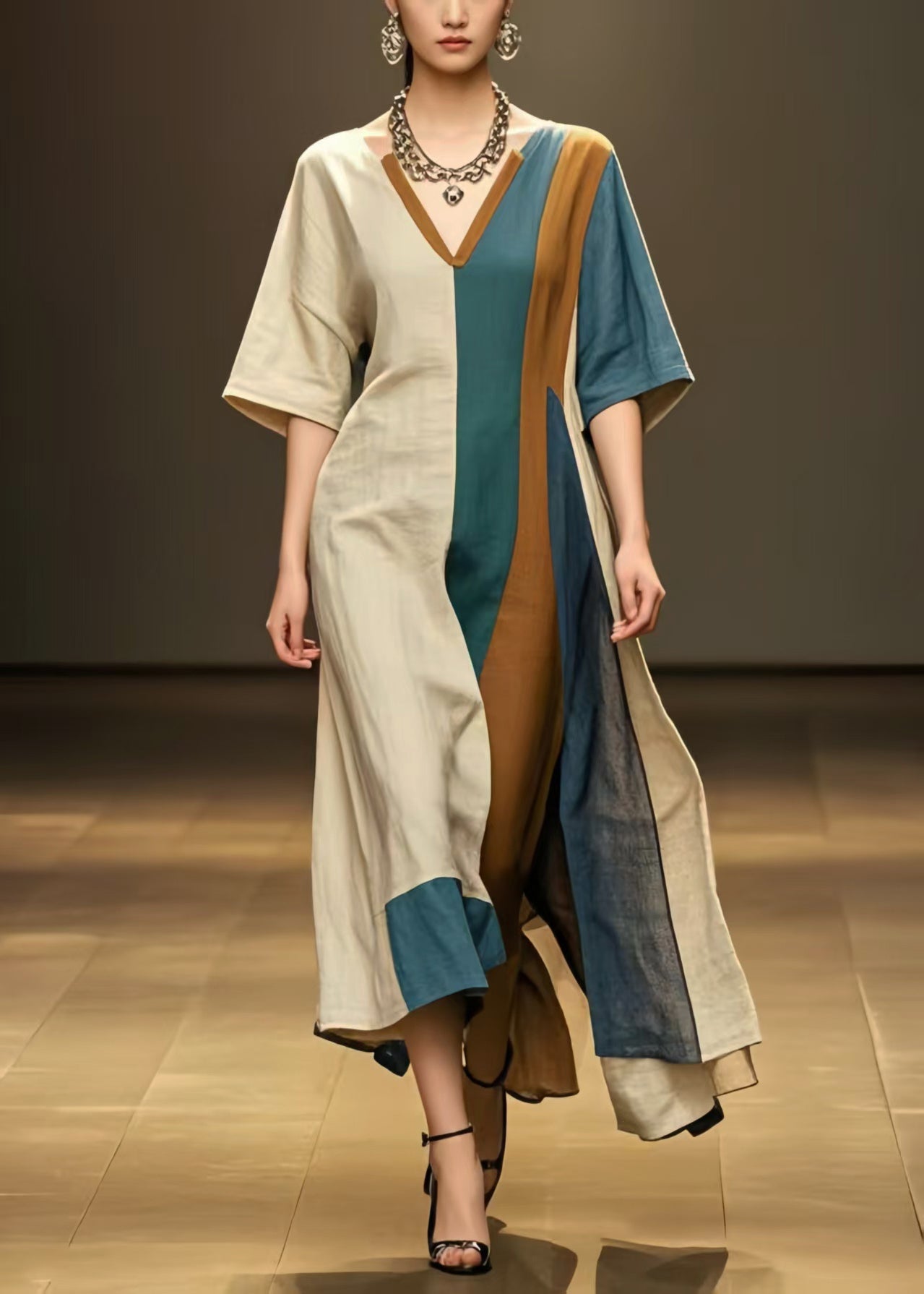 Unique Multicolour Asymmetrical Patchwork Cotton Robe Dresses Summer