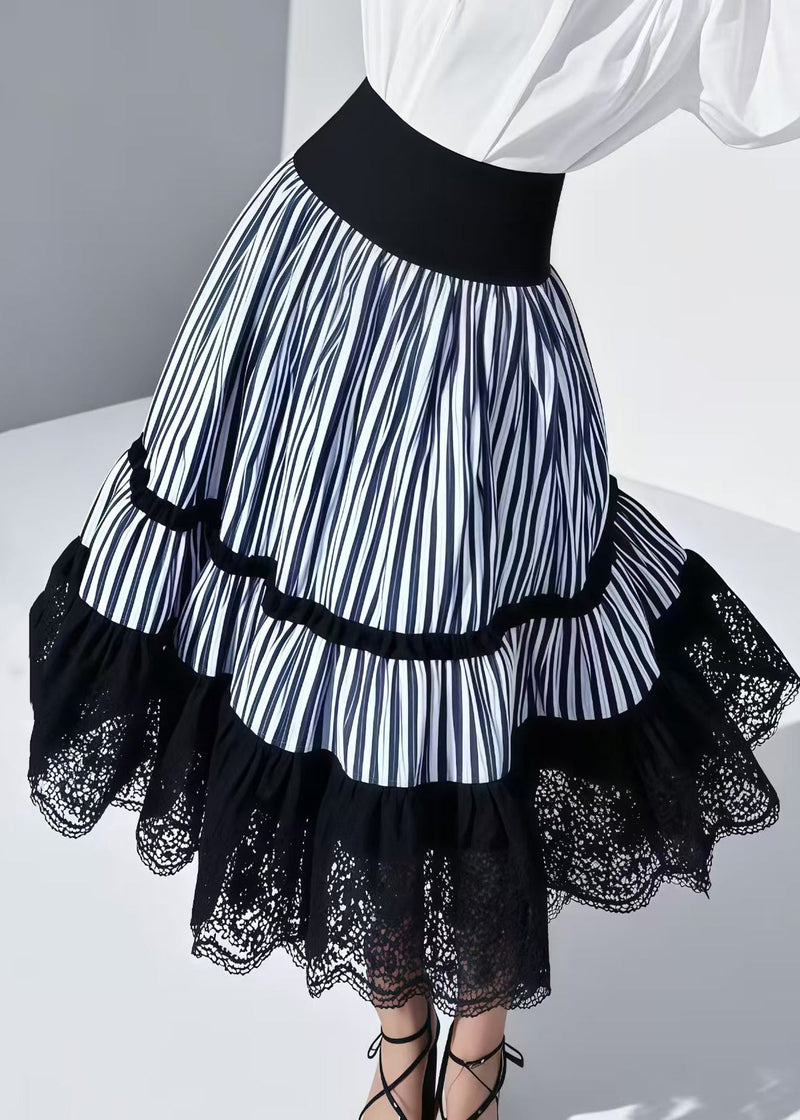 Blue Striped Patchwork Lace Skirt Summer
