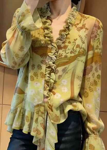 Green Ruffled Print Chiffon Blouse Top Spring
