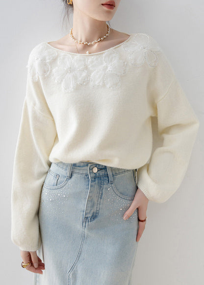 New White O Neck Sequins Knitted Tops Spring