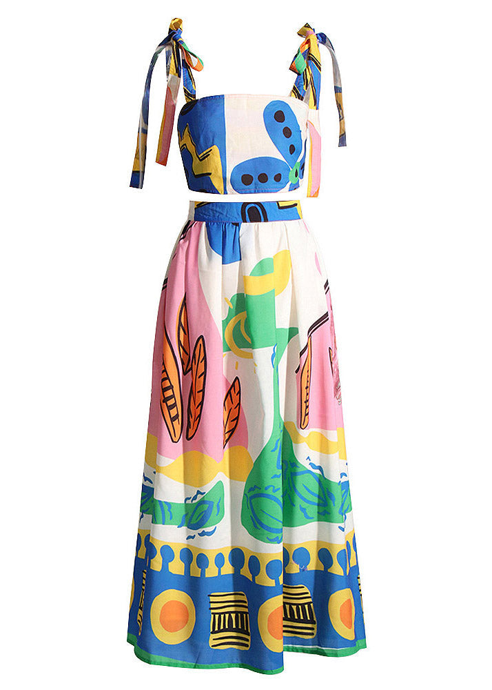 Italian Print Vest and a Line Skirts Two Piece Set Summer