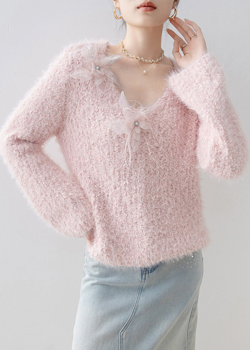 French Pink V Neck Knit Sweater Tops Spring