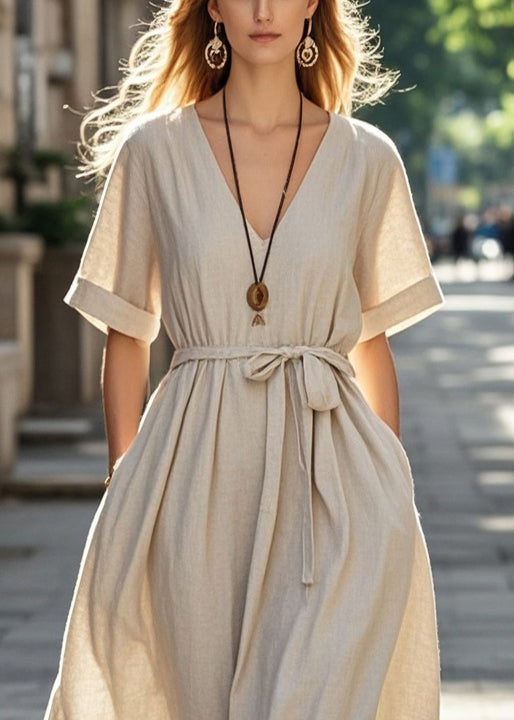 Apricot Tie Waist Cotton Long Dresses Summer