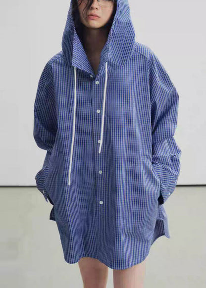 Blue Hooded Plaid Cotton Trench Fall