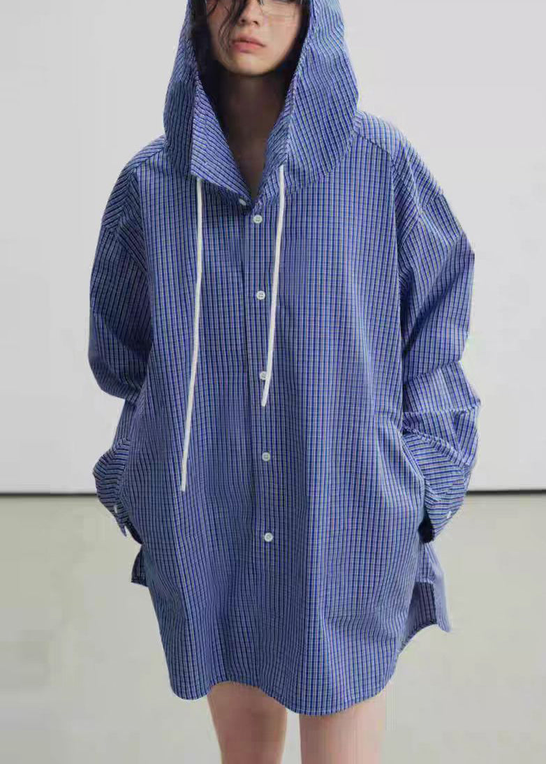 Blue Hooded Plaid Cotton Trench Fall