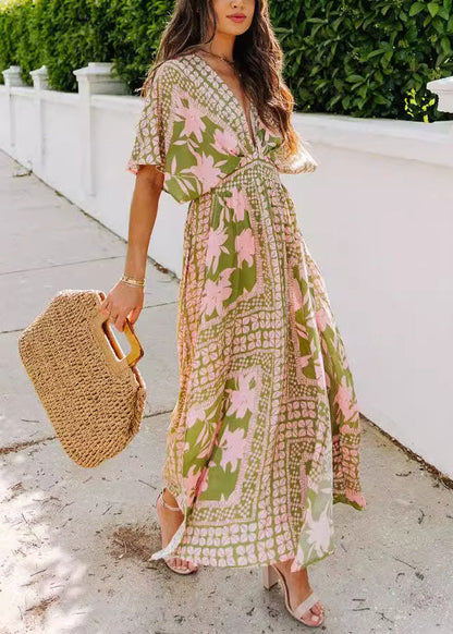 V Neck Print Side Open Chiffon Vacation Dresses Batwing Sleeve