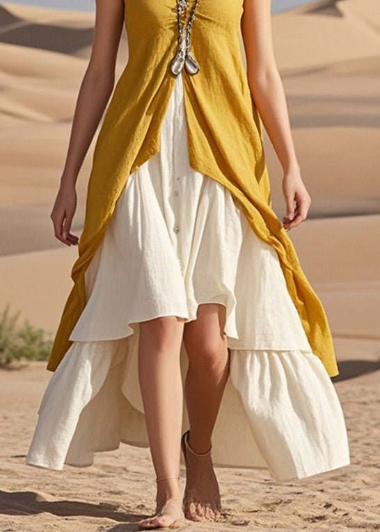 Yellow Asymmetrical Patchwork Cotton Beach Dresses Summer