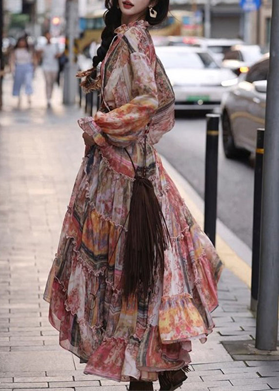 Red Ruffled Print Tunic Maxi Dresses Lantern Sleeve
