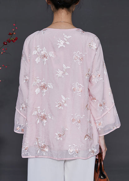 Pink Embroidered Organza Blouses Summer