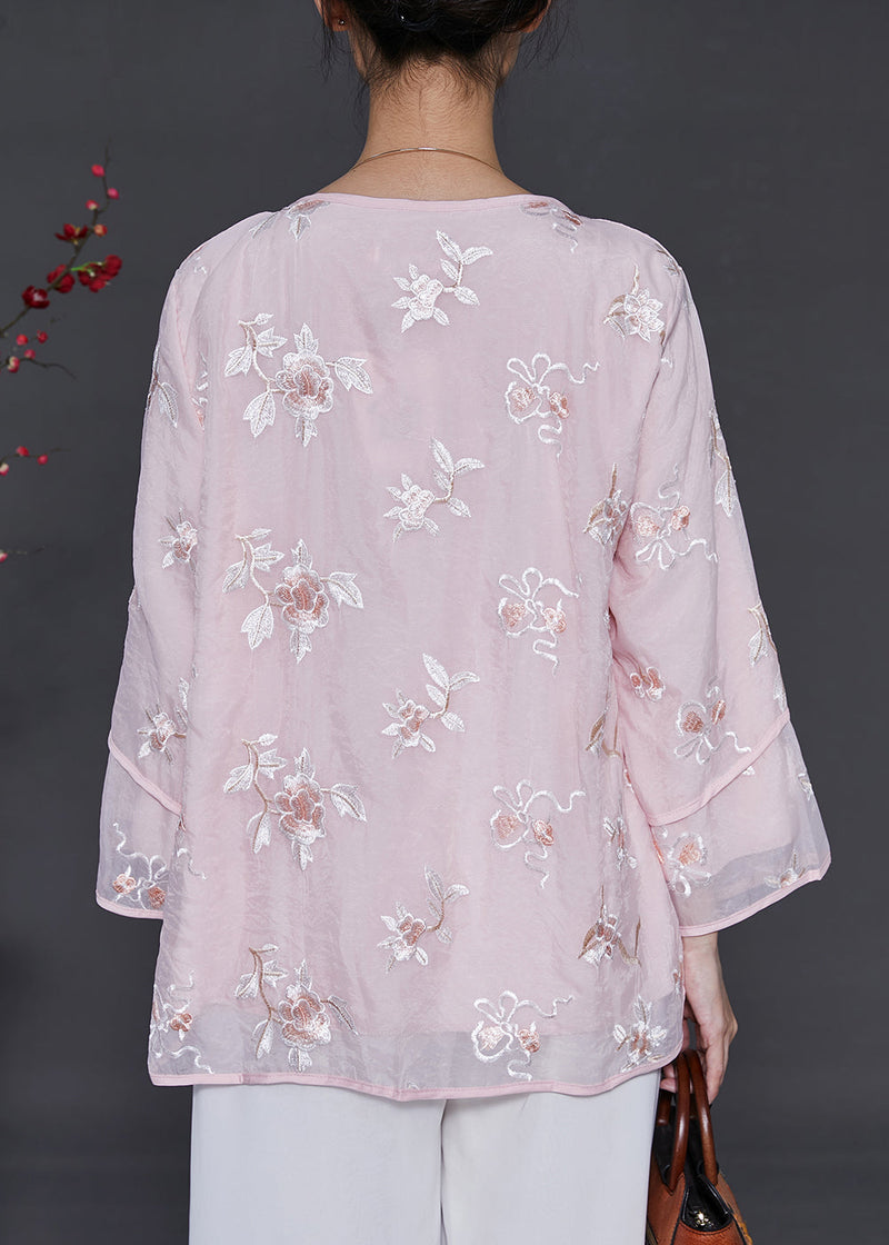 Pink Embroidered Organza Blouses Summer