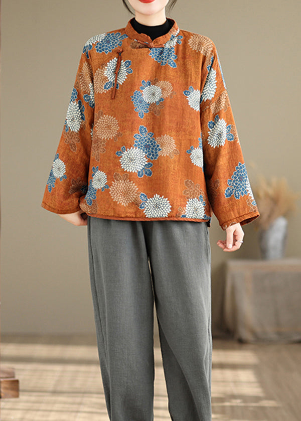 Orange Stand Collar Print Fine Cotton Filled Top Spring