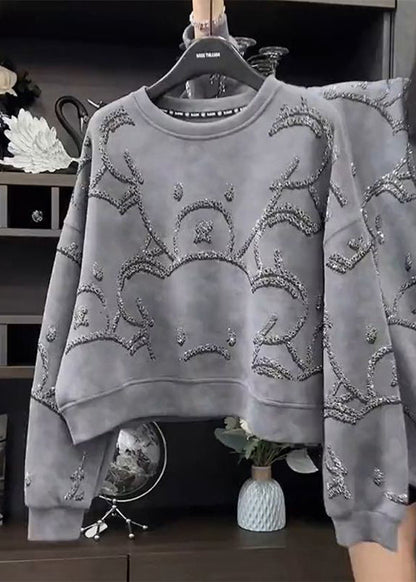 Grey O-neck Sequins Sweatshirt Fall