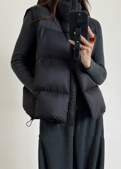 Black Drawstring Duck Down Winter Waistcoat Zip Up