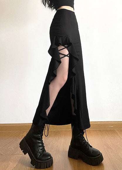 Black Ruffled Patchwor Side Open Fishtail Skirt Summer