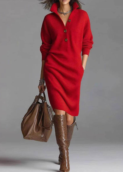 Yellow Hign Neck Button Knit Sweater Dress Winter