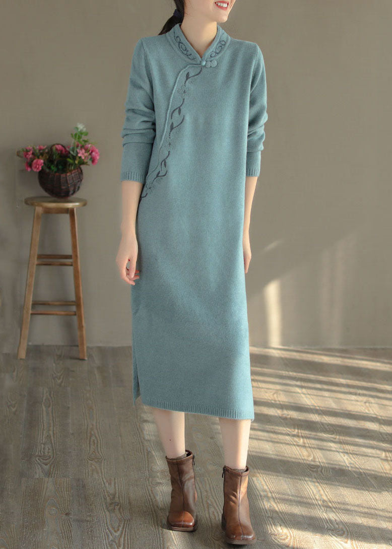 Blue Oriental Long Knit Dress Embroidered Side Open Winter