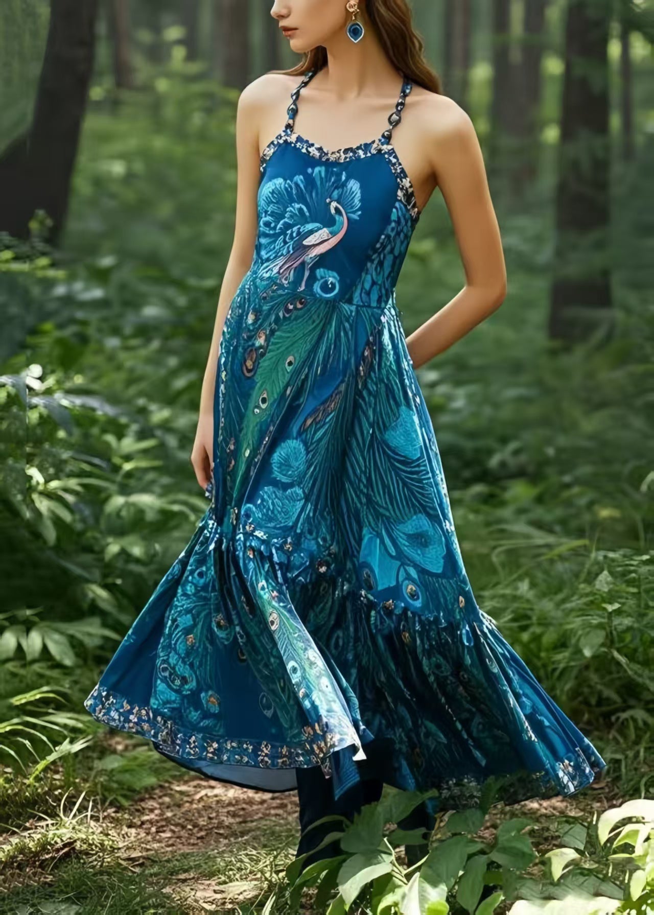 Peacock Blue Print Exra Large Hem Cotton Cami Dresses Summer