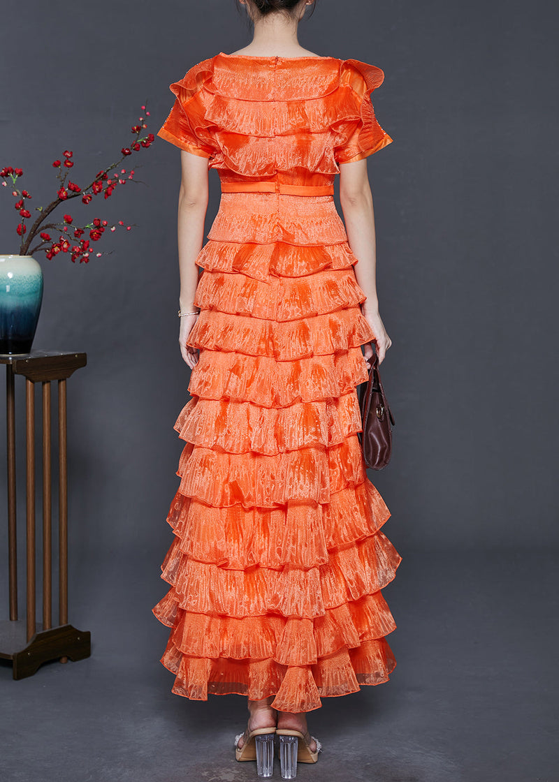 Orange Ruffled Patchwork Layered Organza Dresses Summer