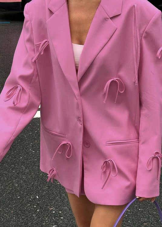Pink Peter Pan Collar Pockets Bow Suit Coat Fall