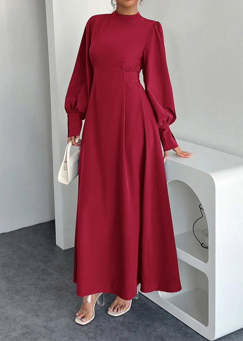 Red Hign Neck Cotton Maxi Dresses Lantern Sleeve