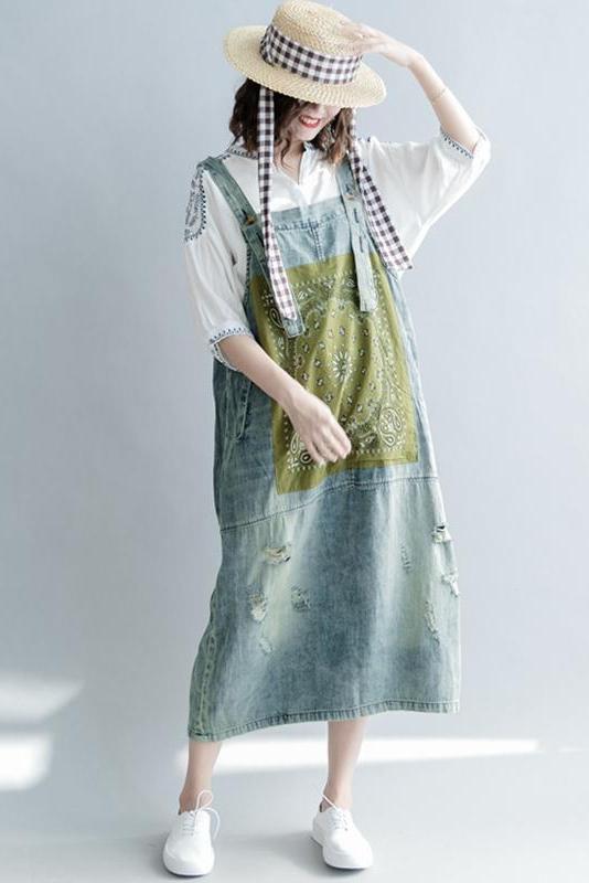 Loose Print Blue Denim Sundresses Outfits