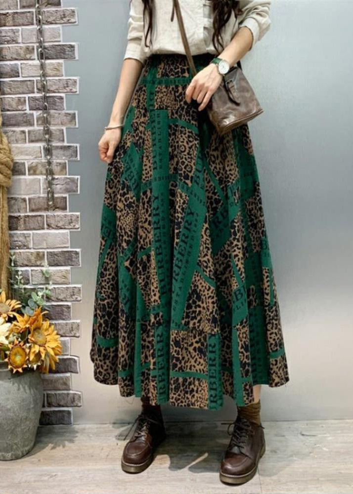 Green Print Pockets Cotton Skirt Fall
