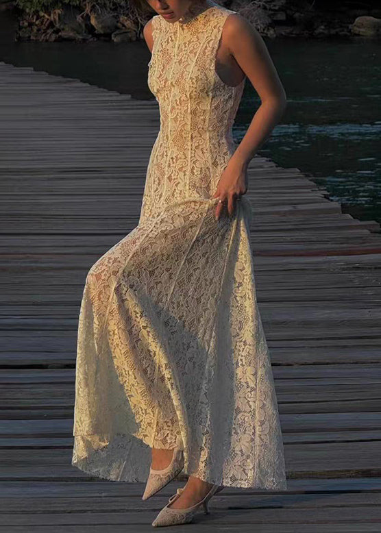 Slim Fit White High Waist Lace Long Dress Sleeveless