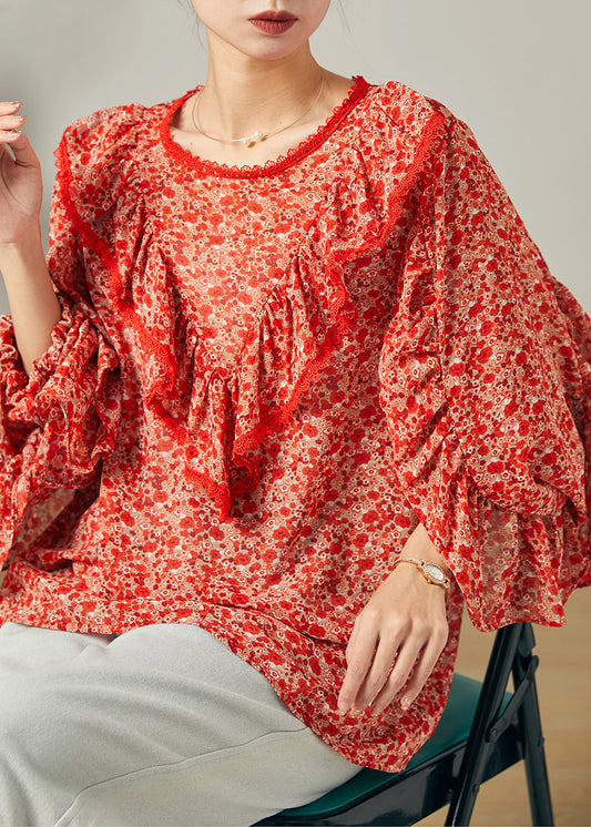 Red Ruffled Print Chiffon Blouse Top Butterfly Sleeve