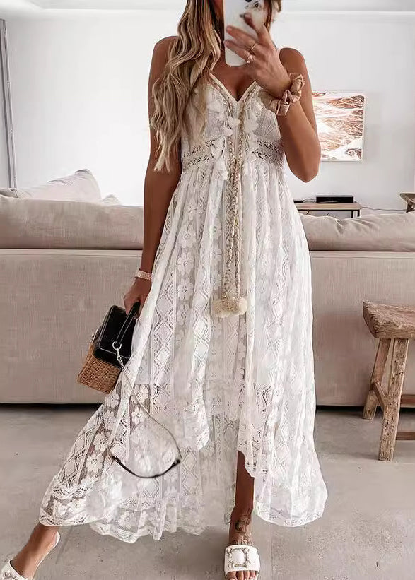 White V Neck Lace Spaghetti Strap Dress Summer