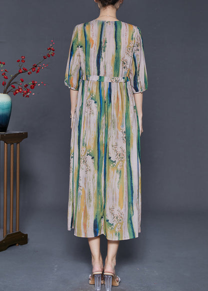 Khaki Cinched Print Silk Dress Summer