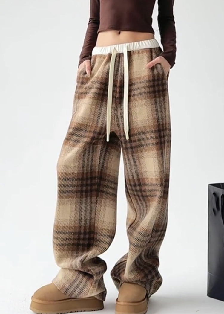Yellow Plaid Warm Fleece Draping Woolen Wide Leg Pants Spring