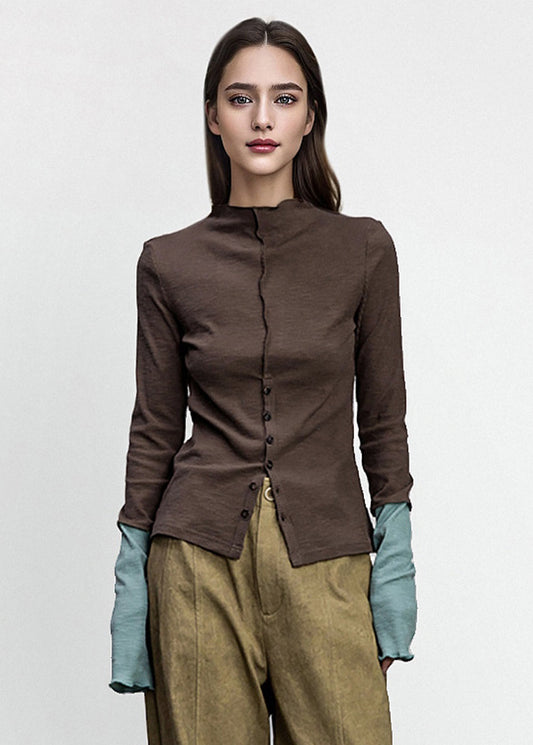 Brown Button Patchwork Cotton T Shirts Fall