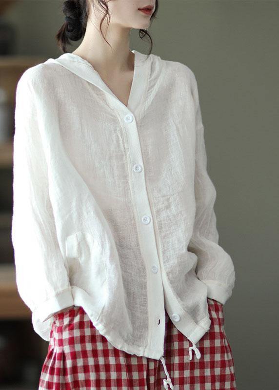 French Red Button Hooded Ramie Long Sleeve Shirt Tops