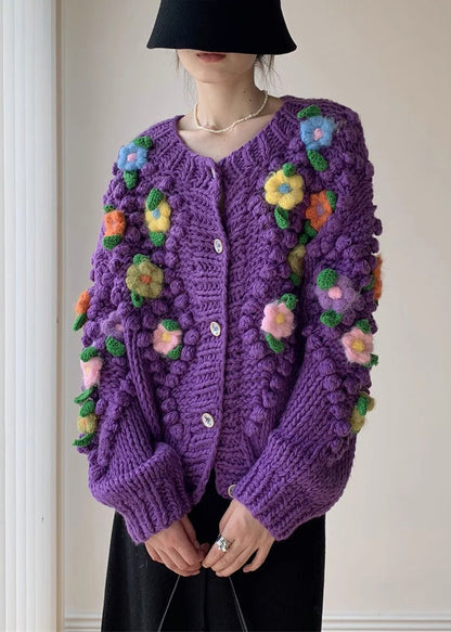 New Purple Button Patchwork Knit Coat Winter