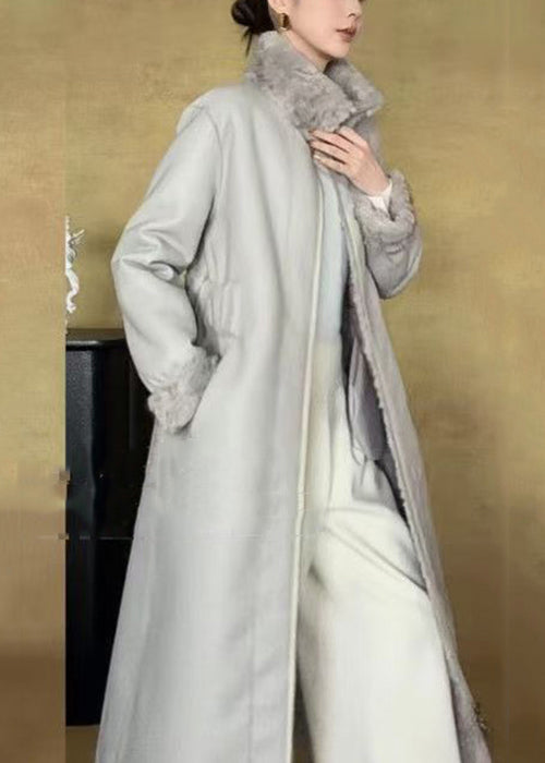 New White Stand Collar Zippered Wear on Both Sides Fuzzy Fur Long Coat Winter