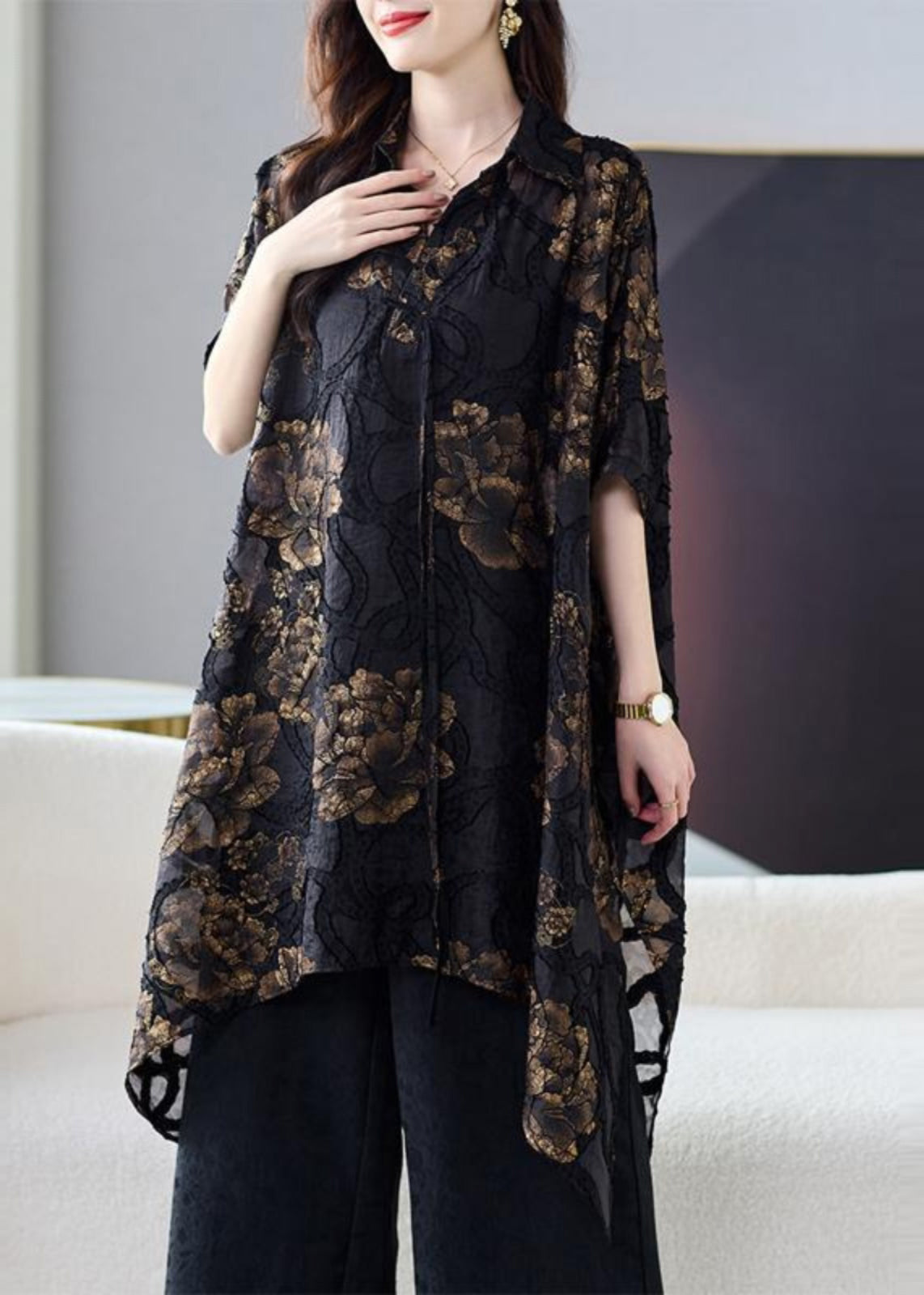 Black Asymmetrical Silk Blouse Tops Summer