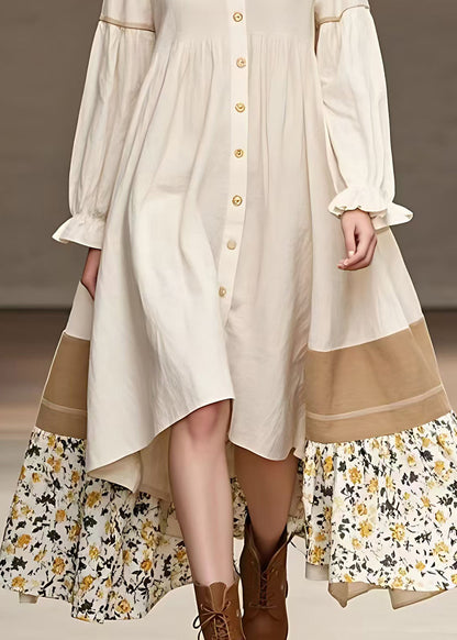 Apricot Print Low High Design Long Dress Long Sleeve